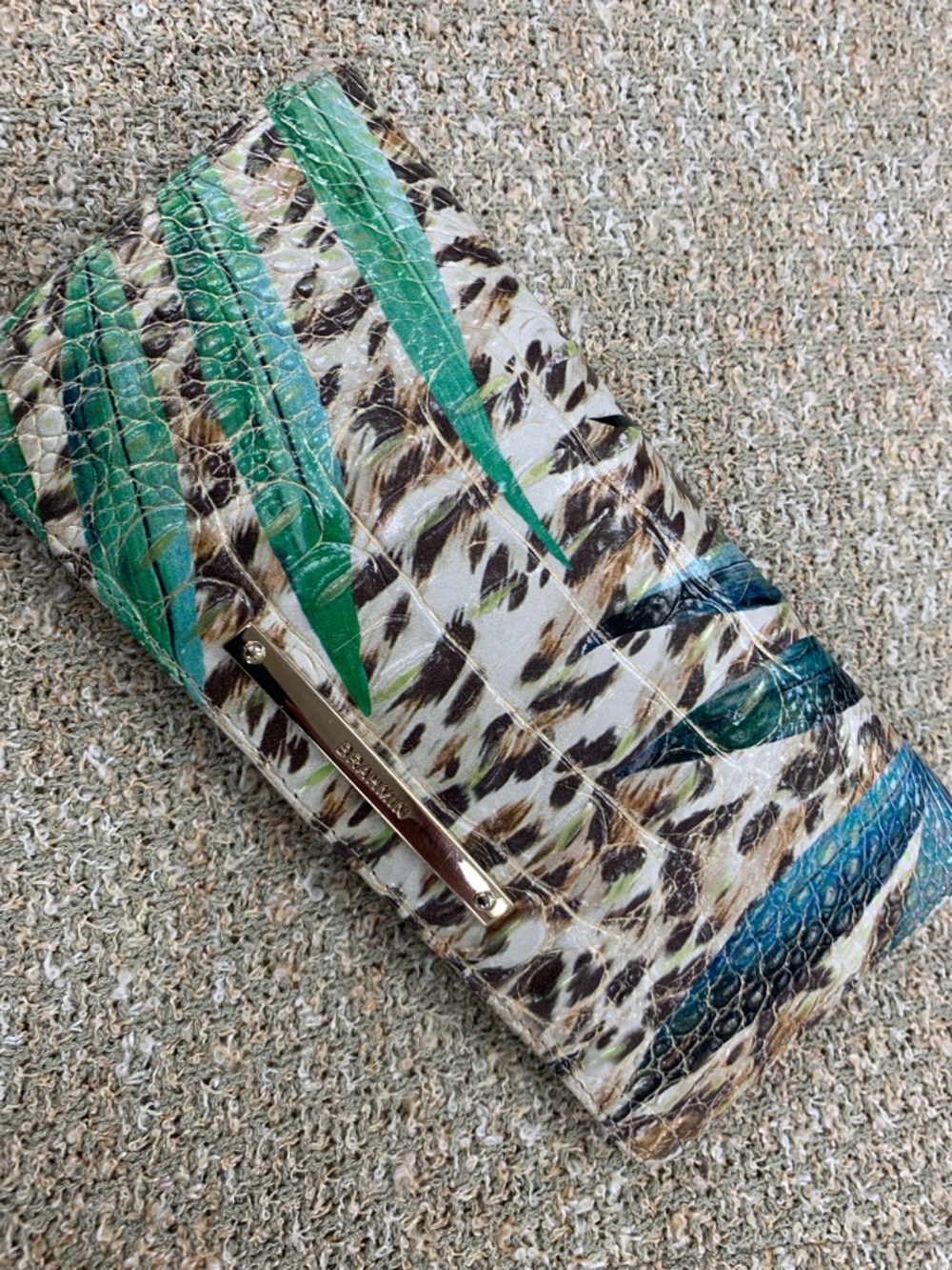 Brahmin Feather & Animal Print Clutch in Teal, Brown & White